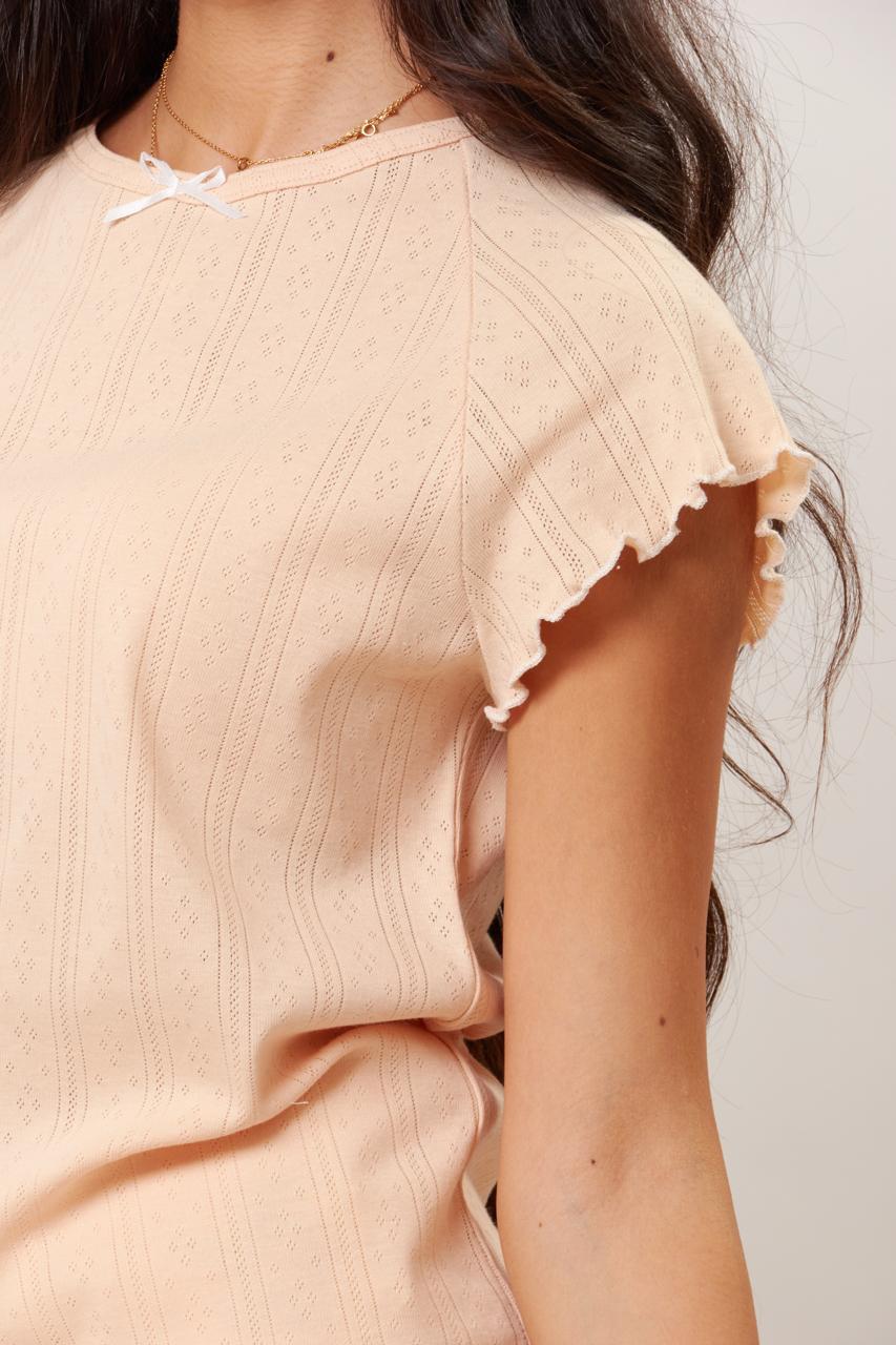 Soft frill sleeve peach blush tee