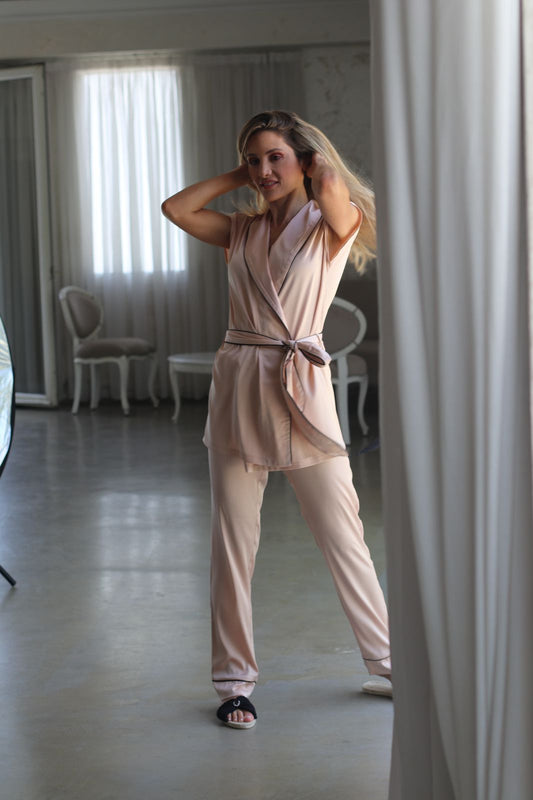 Sleeveless nude& black silk pjs with a belt