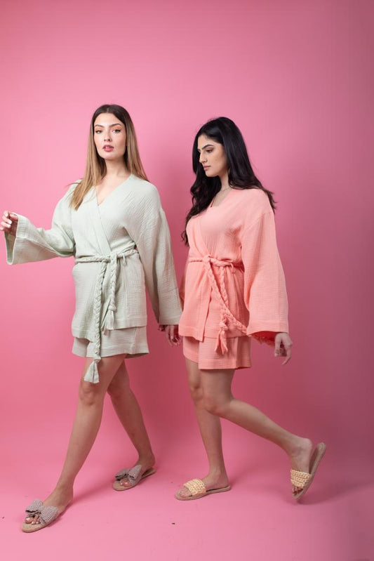 Tea green set in shorts with braid belt