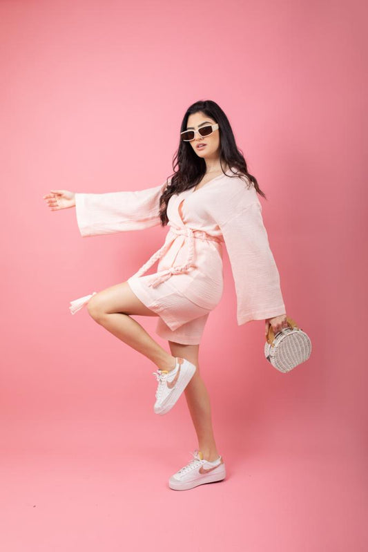 Pastel pink set in shorts with braid belt