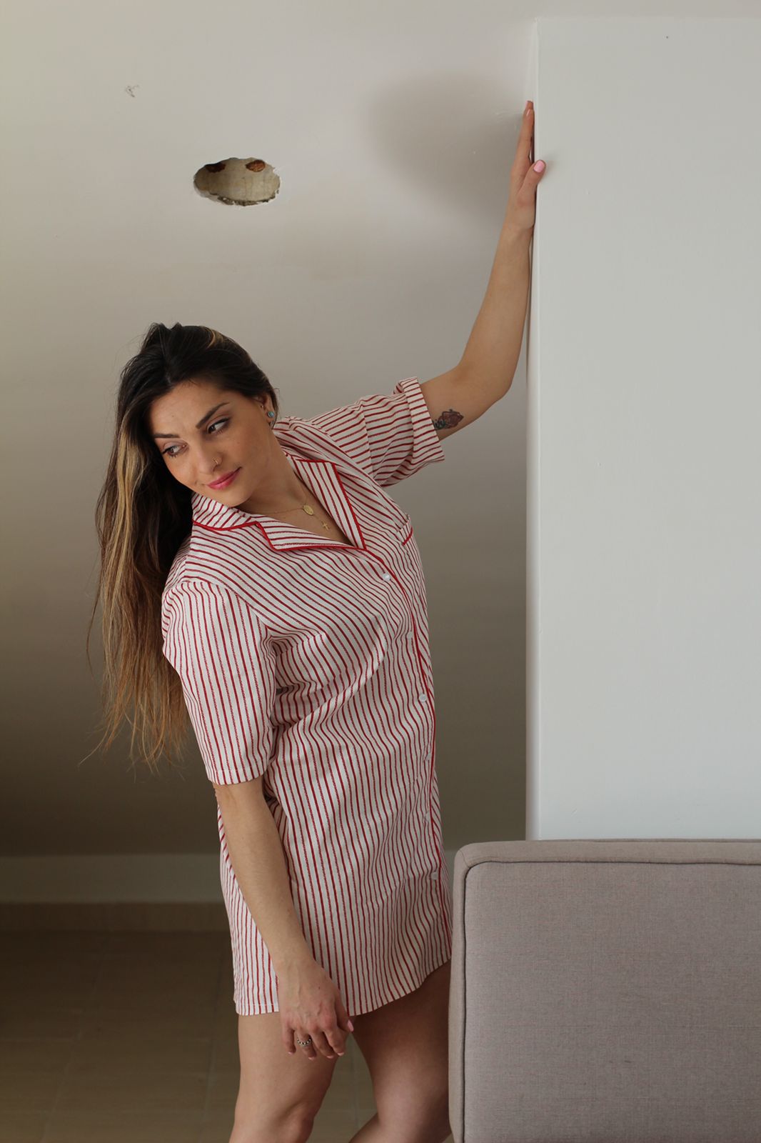 Red striped shirt dress