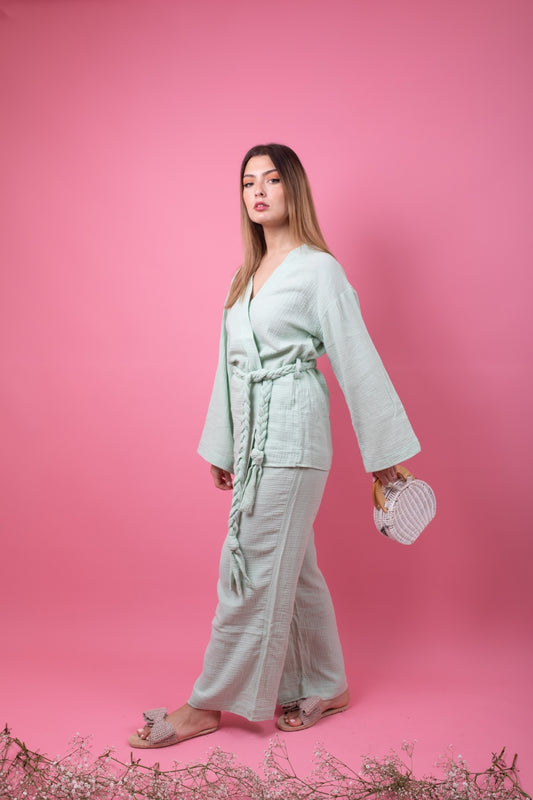 Mint green set in pants with braid belt