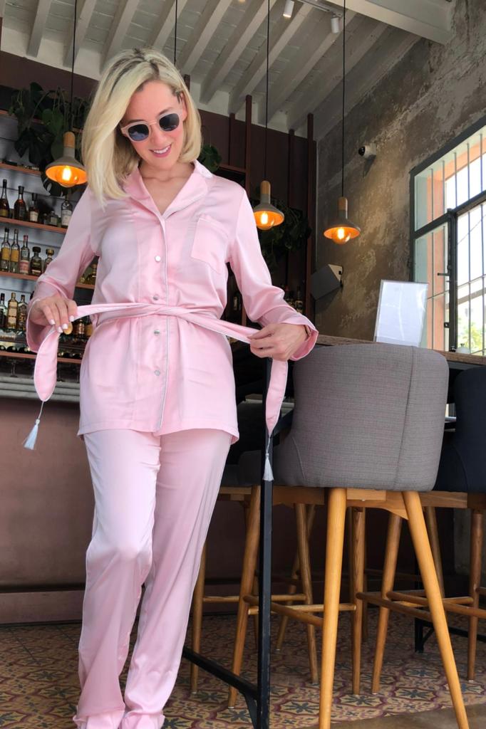 Long sleeves pink& silver silk pjs with a belt
