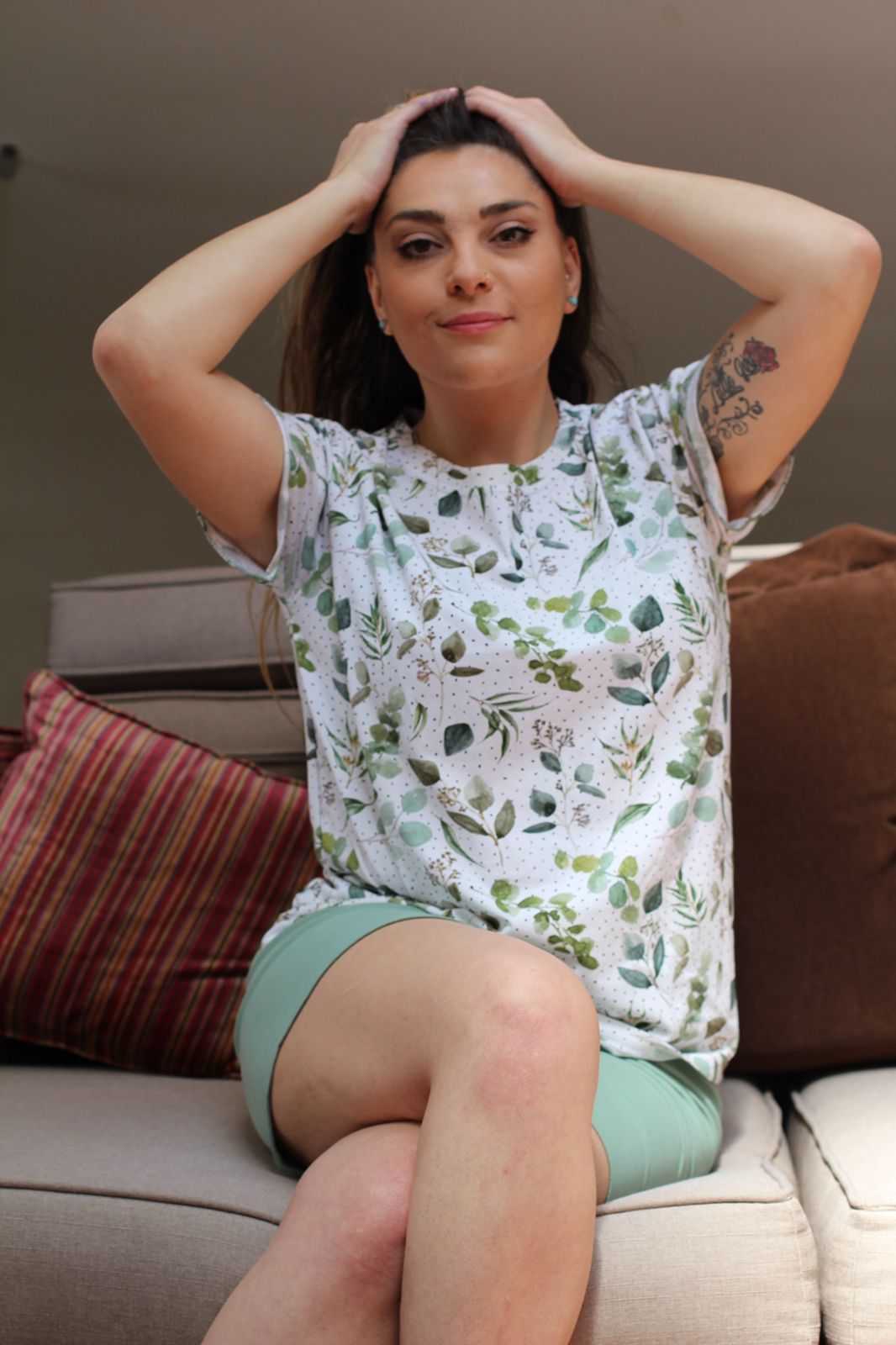 Adults green leaves patterned pjs