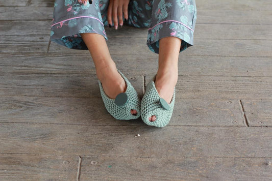 Mint green fabric button slippers