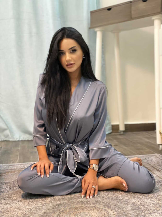 Mid sleeves grey& silver silk pjs with a belt